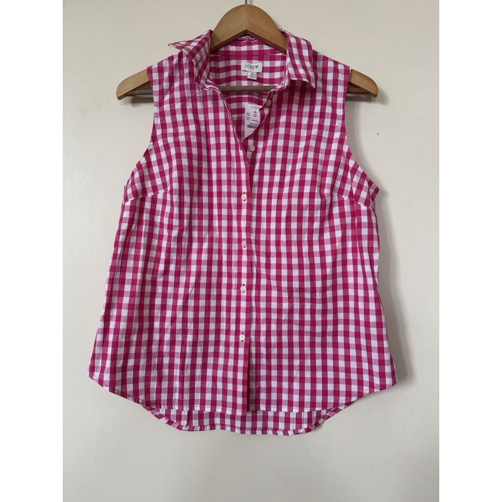 J. Crew Sleeveless Gingham Plaid Button Down Shirt Pink/White, M, NWT